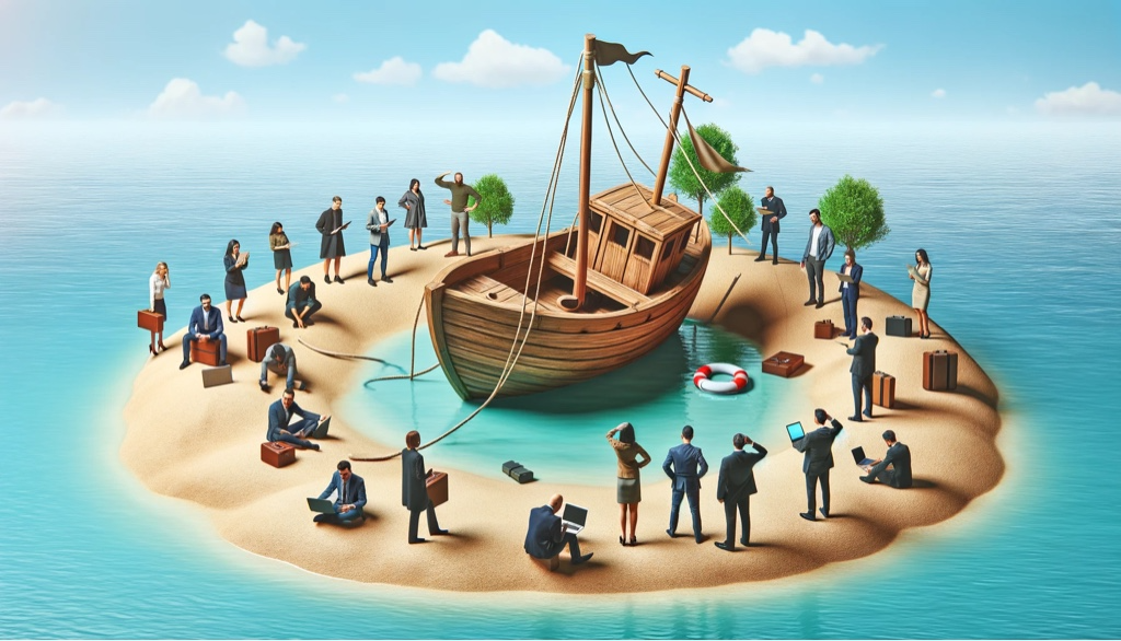 A photo of a boat beached on an island with people standing around confused about what to do