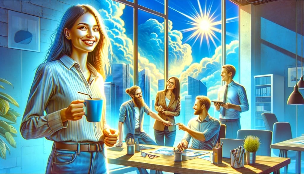 A smiling woman holding a coffee cup with her team behind her having a lighthearted discussion